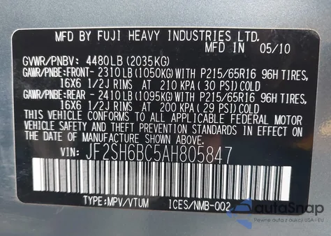 2010 Subaru Forester 2.5X z USA, uszkodzony, nr VIN JF2SH6BC5AH805847